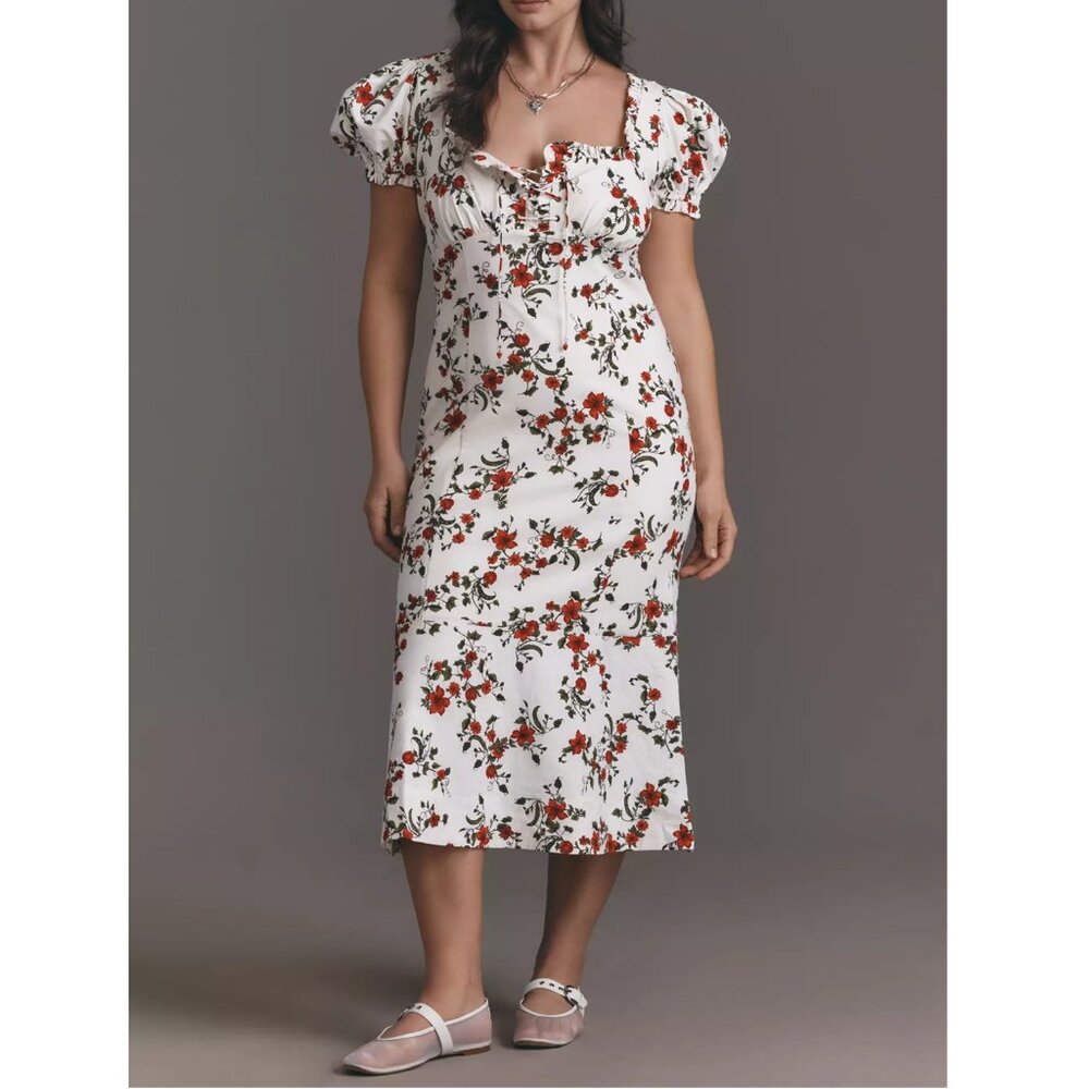 Anthropologie Maeve Linen Blend Puff-Sleeve Sweetheart Midi Dress 2X